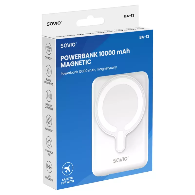 Power bank SAVIO BA-13 10000 mAh z wyjściem 20 W i ładowaniem bezprzewodowym, biały