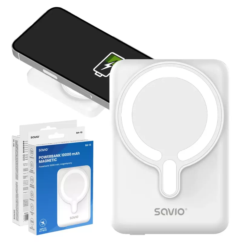Power bank SAVIO BA-13 10000 mAh z wyjściem 20 W i ładowaniem bezprzewodowym, biały