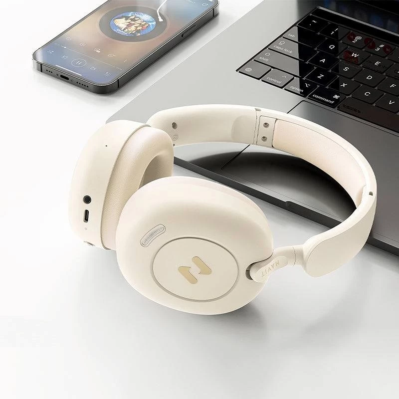 Słuchawki nauszne Bluetooth HAVIT H655BT PRO — Bezprzewodowe słuchawki, beżowe, audio Bluetooth