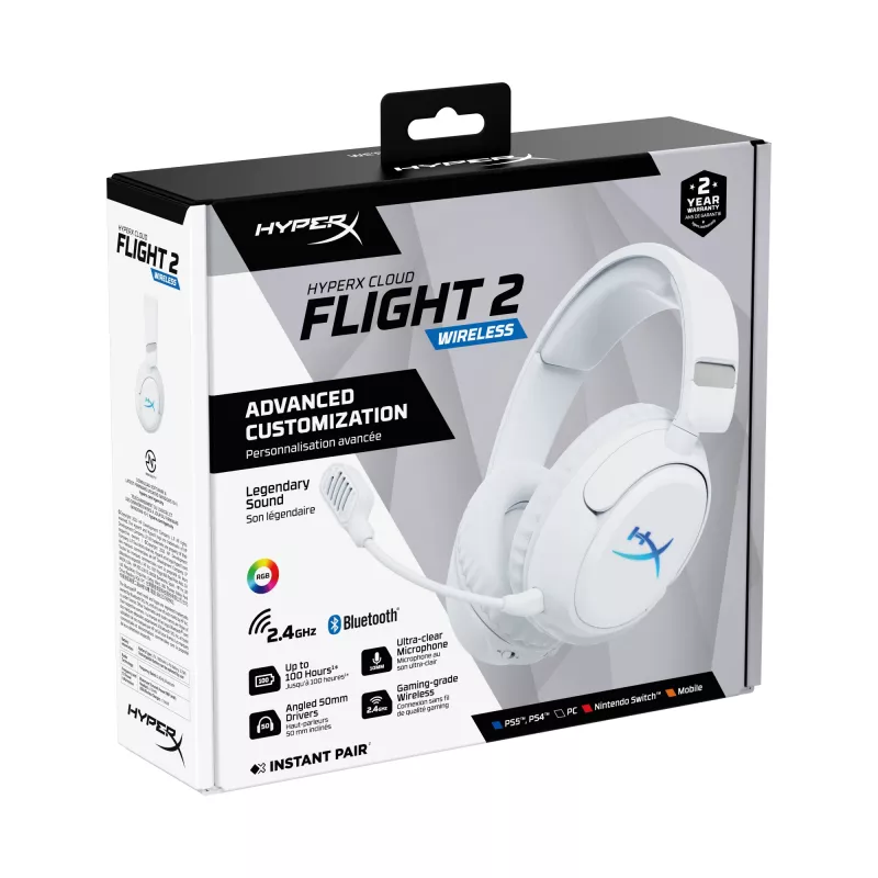 Bezprzewodowy zestaw słuchawkowy gamingowy KINGSTON HyperX Cloud Flight 2 z USB-C i Bluetooth, biały