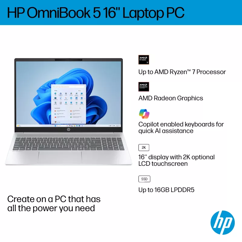 HP OmniBook 5 16-bc1002na AMD Ryzen™ 5 8540U Laptop 40,6 cm (16 cali) Dotykowy 2K 8 GB LPDDR5-SDRAM 512 GB SSD Wi-Fi 6 (802.11ax) Windows 11 Home Srebrny