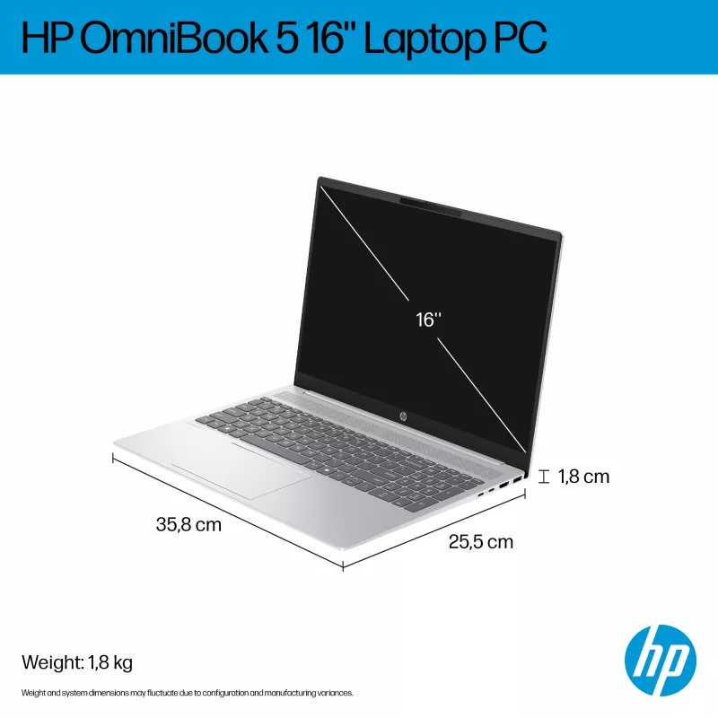 HP OmniBook 5 16-bc1002na AMD Ryzen™ 5 8540U Laptop 40,6 cm (16 cali) Dotykowy 2K 8 GB LPDDR5-SDRAM 512 GB SSD Wi-Fi 6 (802.11ax) Windows 11 Home Srebrny