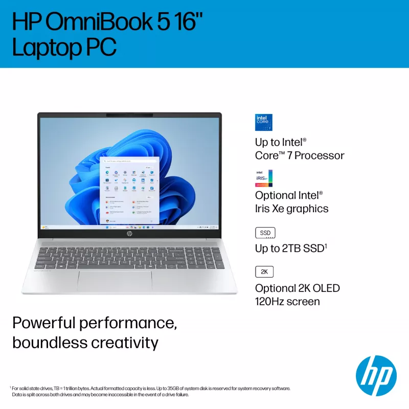 HP OmniBook 5 16-ba1004na Intel® Core™ i5 i5-1334U Laptop 40,6 cm (16 cali) 2K 16 GB LPDDR5x-SDRAM 512 GB SSD Wi-Fi 6 (802.11ax) Windows 11 Home Srebrny