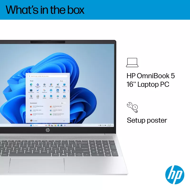HP OmniBook 5 16-ba1004na Intel® Core™ i5 i5-1334U Laptop 40,6 cm (16 cali) 2K 16 GB LPDDR5x-SDRAM 512 GB SSD Wi-Fi 6 (802.11ax) Windows 11 Home Srebrny