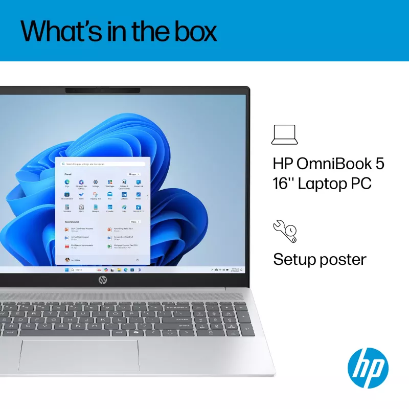 HP OmniBook 5 16-ba1004na Intel® Core™ i5 i5-1334U Laptop 40,6 cm (16 cali) 2K 16 GB LPDDR5x-SDRAM 512 GB SSD Wi-Fi 6 (802.11ax) Windows 11 Home Srebrny