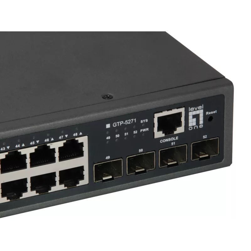 LevelOne 52-portowy zarządzalny przełącznik Gigabit PoE Lite L3, 4 x 10GbE SFP+, 48 wyjść PoE, budżet mocy PoE 400 W