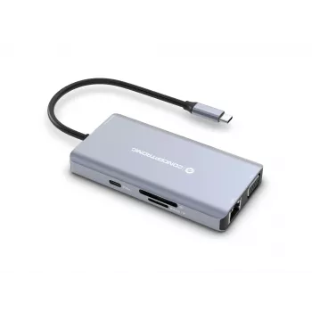 Conceptronic DONN20G 10-w-1 Stacja dokująca USB 3.2 Gen 1, HDMI, VGA, USB-A 5 Gb/s, USB-C 5 Gb/s, SD, TF/MicroSD, Audio, GbE LAN, 100 W USB PD