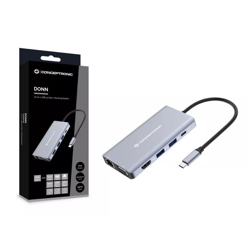 Conceptronic DONN20G 10-w-1 Stacja dokująca USB 3.2 Gen 1, HDMI, VGA, USB-A 5 Gb/s, USB-C 5 Gb/s, SD, TF/MicroSD, Audio, GbE LAN, 100 W USB PD