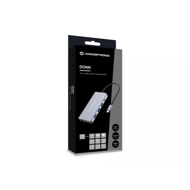 Conceptronic DONN20G 10-w-1 Stacja dokująca USB 3.2 Gen 1, HDMI, VGA, USB-A 5 Gb/s, USB-C 5 Gb/s, SD, TF/MicroSD, Audio, GbE LAN, 100 W USB PD