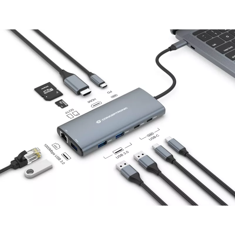 Stacja dokująca Conceptronic DONN06G 10-w-1 USB 3.2 Gen 1, HDMI, 100W USB PD, USB-C 5Gbps x 2, USB-A 5Gbps x 3, SD, TF/MicroSD, GbE