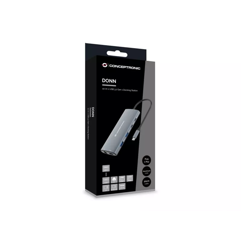 Stacja dokująca Conceptronic DONN06G 10-w-1 USB 3.2 Gen 1, HDMI, 100W USB PD, USB-C 5Gbps x 2, USB-A 5Gbps x 3, SD, TF/MicroSD, GbE