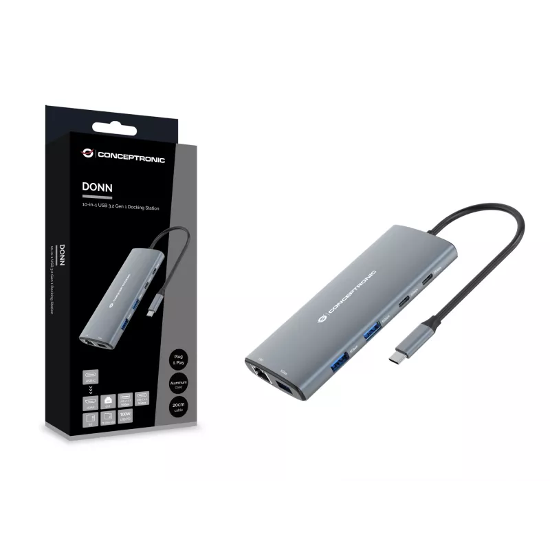 Stacja dokująca Conceptronic DONN06G 10-w-1 USB 3.2 Gen 1, HDMI, 100W USB PD, USB-C 5Gbps x 2, USB-A 5Gbps x 3, SD, TF/MicroSD, GbE