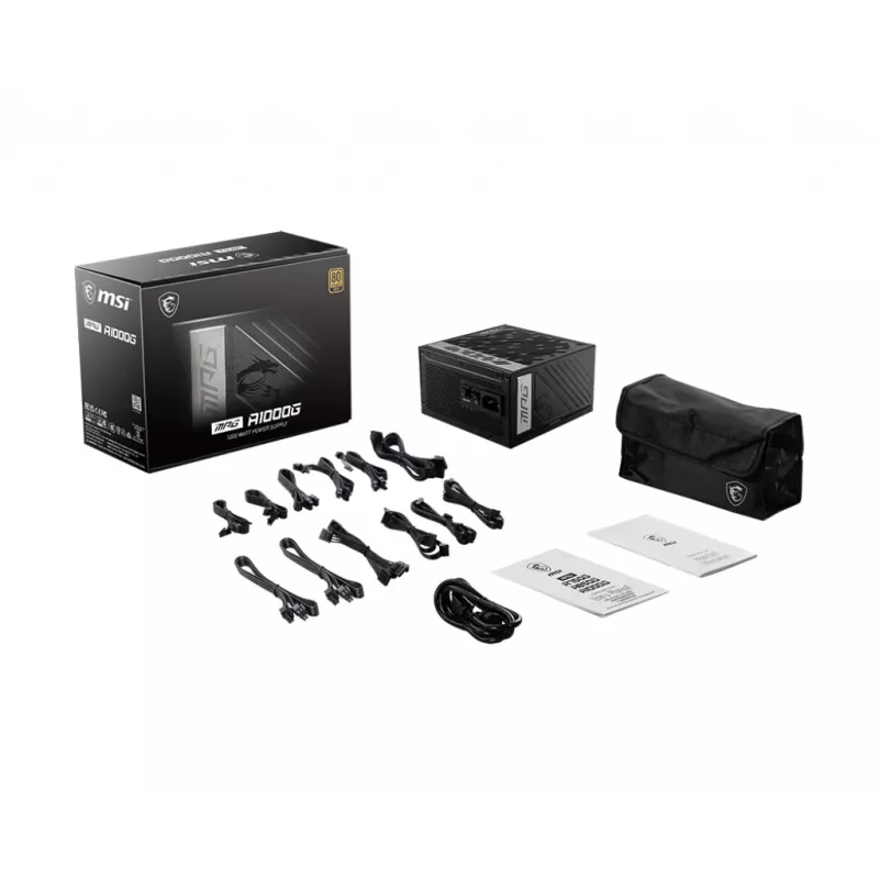 MSI MPG A1000G UK PSU '1000W, 80 Plus Gold certified, Fully Modular, 100% Japanese Capacitor, płaski Cables, ATX Power Supply Unit, UK Powercord, Czarny, Support Latest GPU'