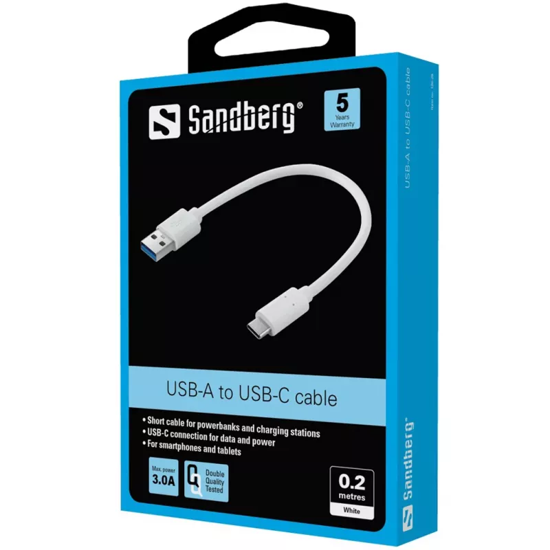 Kabel Sandberg USB-C 3.1 > USB-A 3.0 0,2M, 0,2 m, USB C, USB A, USB 3.2 Gen 1 (3.1 Gen 1), biały
