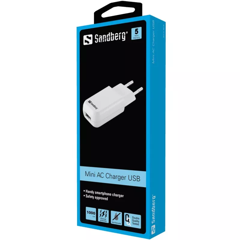 Sandberg Mini AC charger USB 1A EU, Indoor, AC, 5 V, Czarny, biały