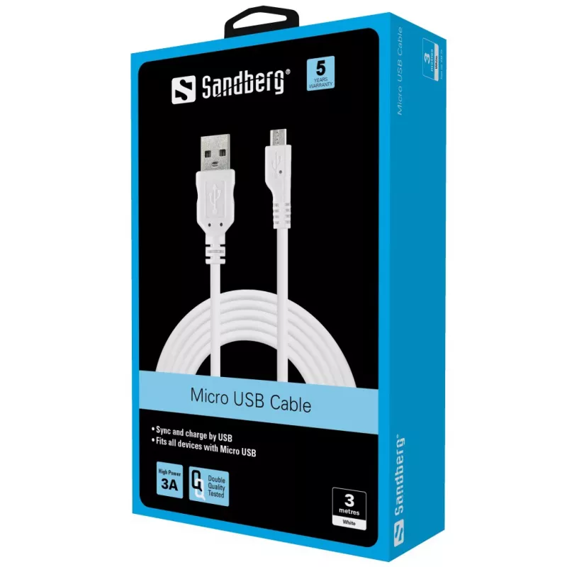 Sandberg MicroUSB Sync/Charge kabel 3m, 3 m, USB A, Micro-USB B, USB 2.0, Męski/Męski, Biały