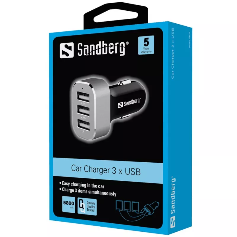 Sandberg Multi Car Charger 3xUSB, Auto, Gniazdo zapalniczki, USB, 5 V, Czarny, Srebrny