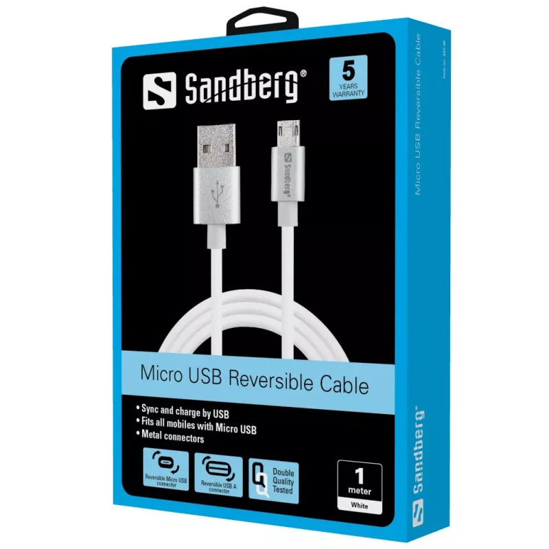 Sandberg MicroUSB Reversible kabel 1m, 1 m, USB A, Micro-USB A, Srebrny, Biały