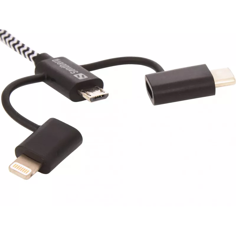 Kabel Sandberg 3in1 Lightning+MicroUSB+USB-C 1m, 1 m, Micro-USB A, USB A, męski/męski, czarny, szary