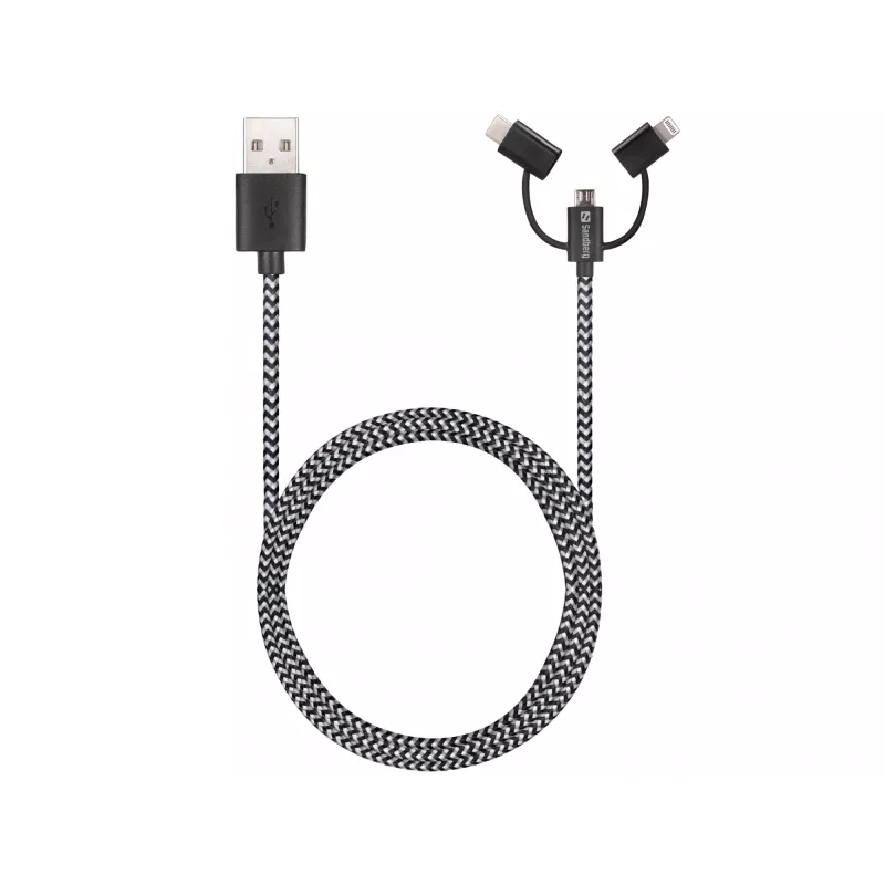 Kabel Sandberg 3in1 Lightning+MicroUSB+USB-C 1m, 1 m, Micro-USB A, USB A, męski/męski, czarny, szary