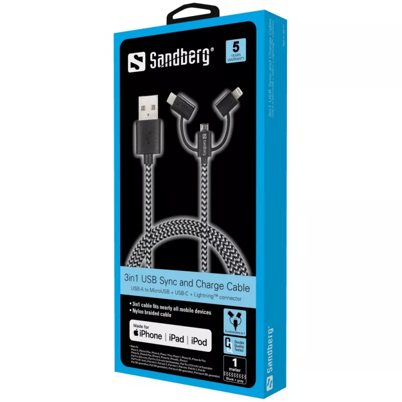 Kabel Sandberg 3in1 Lightning+MicroUSB+USB-C 1m, 1 m, Micro-USB A, USB A, męski/męski, czarny, szary