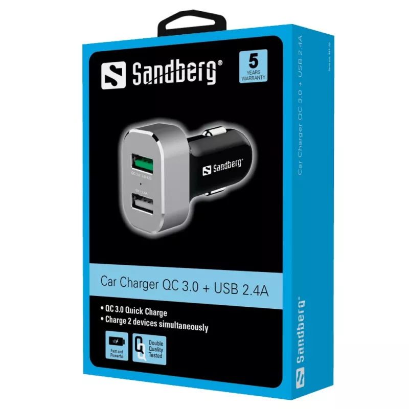 Ładowarka samochodowa Sandberg 1xQC 3.0+1xUSB2.4A, Auto, Gniazdo zapalniczki, 12 V, Aluminium, Czarny