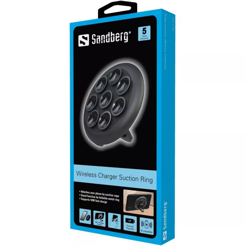 Sandberg Wireless Charger Suction Ring, Indoor, Outdoor, USB, Wireless charging, PowerIQ, Czarny