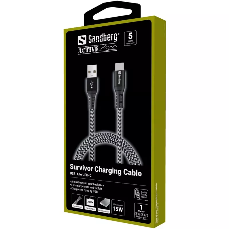 Sandberg Survivor USB-C-USB-A kabel 1M, 1 m, USB A, USB C, USB 2.0, czarny, szary