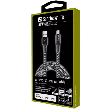 Sandberg Survivor Lightning kabel 2M, 2 m, Lightning, USB A, Męski, Męski, Czarny, Szary