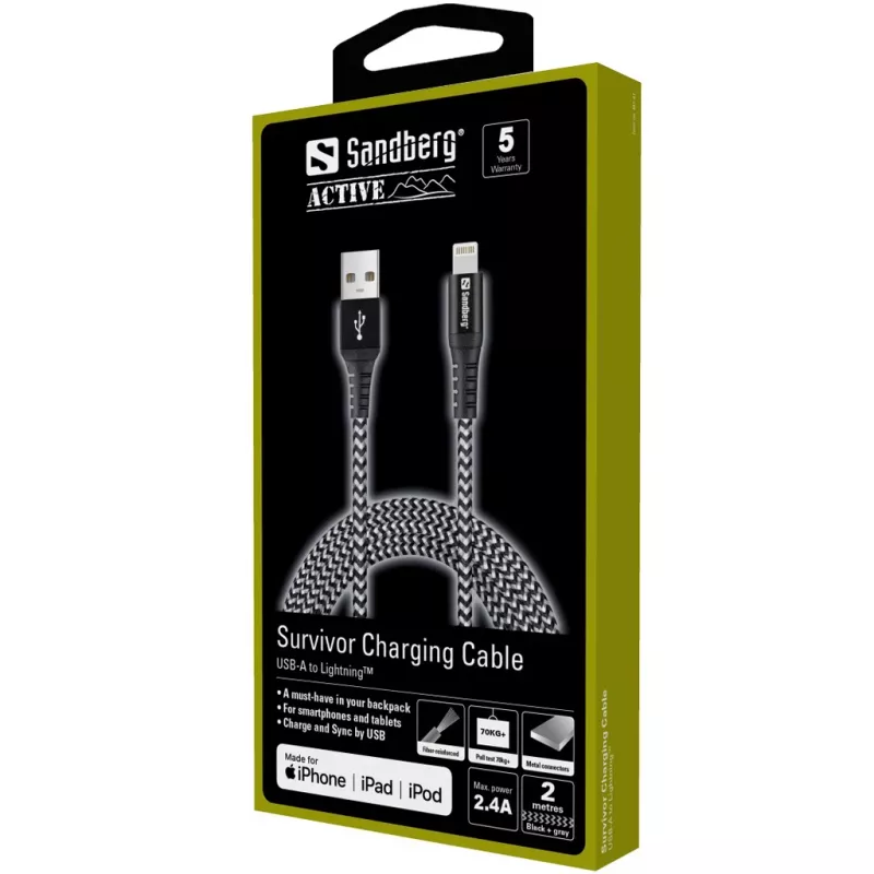 Sandberg Survivor Lightning kabel 2M, 2 m, Lightning, USB A, Męski, Męski, Czarny, Szary