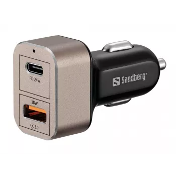 Sandberg Car Charger 1xQC3.0+1xUSBC 24W, Auto, Cigar lighter, 12 V, Czarny, szary