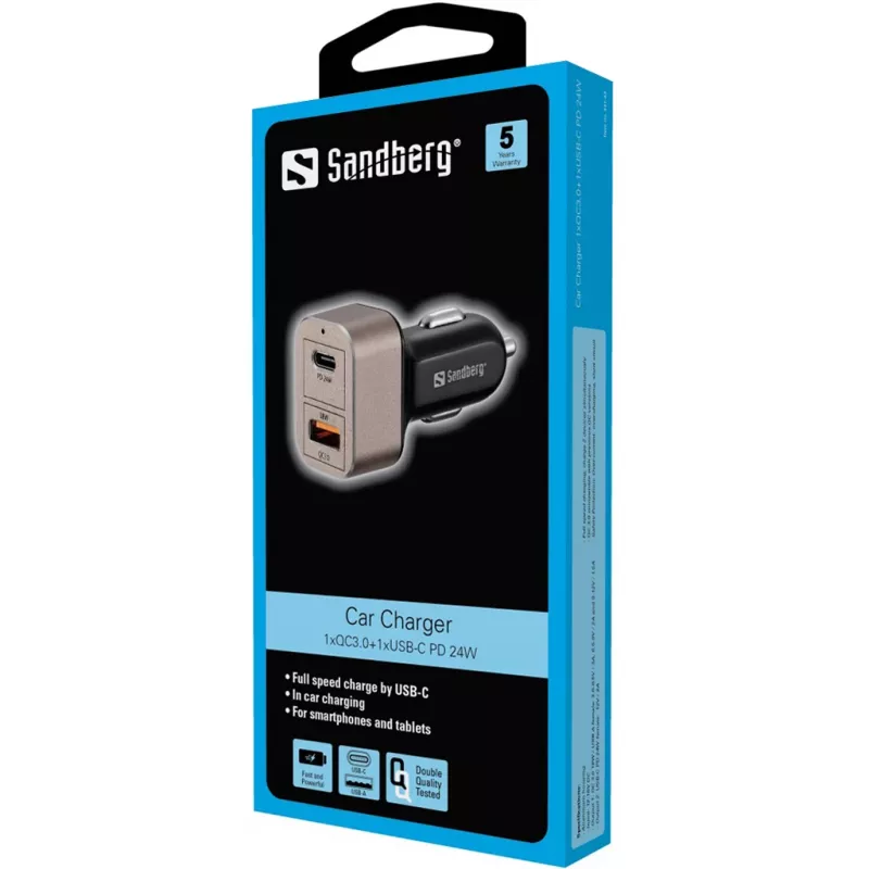 Sandberg Car Charger 1xQC3.0+1xUSBC 24W, Auto, Cigar lighter, 12 V, Czarny, szary