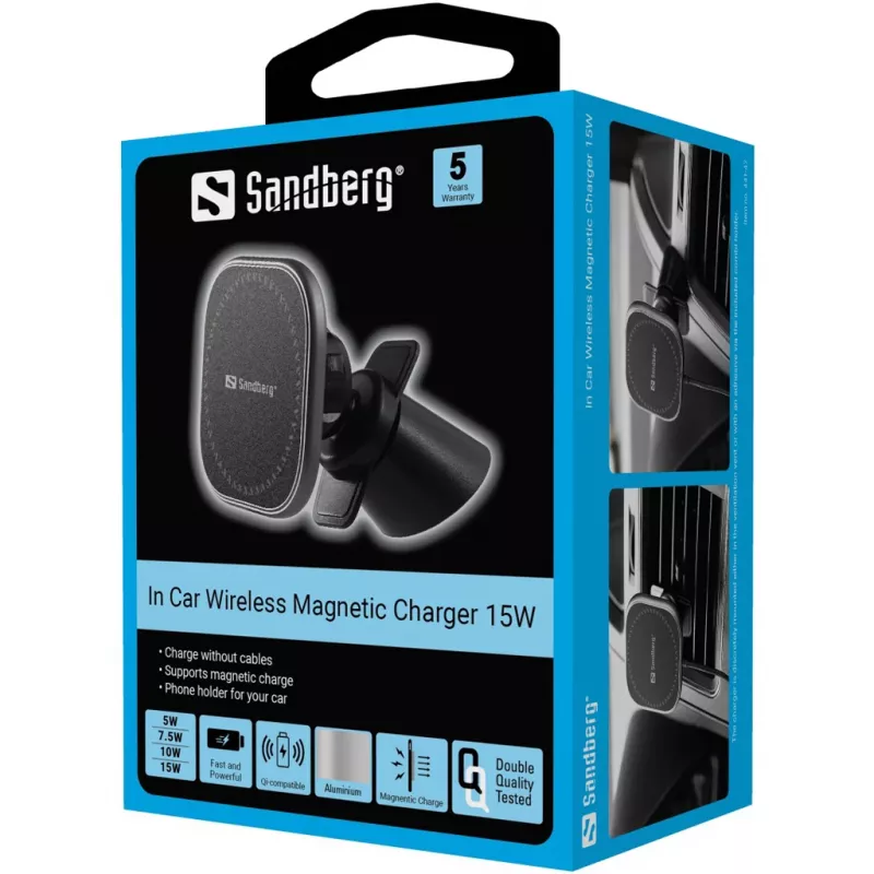 Samochodowa ładowarka magnetyczna Sandberg In Car Wireless Magnetic Charger 15W, Auto, USB, ładowanie bezprzewodowe, 1.2 m, czarna