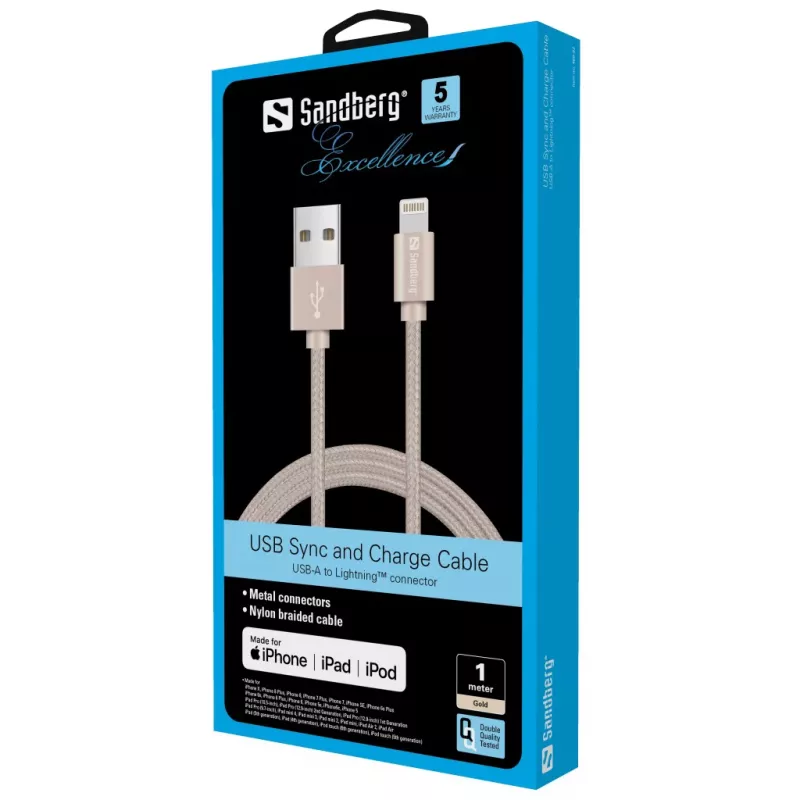 Sandberg Excellence Lightning Gold 1m, 1 m, Lightning, USB A, Złoty, prosty, prosty
