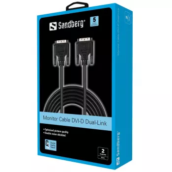 Sandberg Monitor kabel DVI-DVI 2 m, 2 m, Czarny, Male/Male, 145 mm, 35 mm, 205 mm