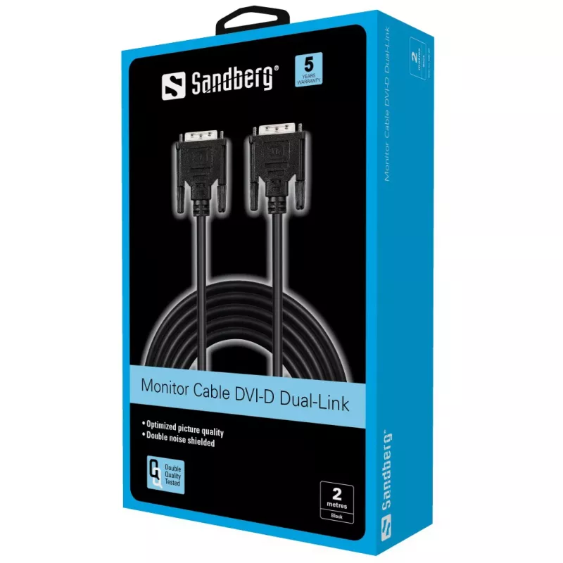 Sandberg Monitor kabel DVI-DVI 2 m, 2 m, Czarny, Male/Male, 145 mm, 35 mm, 205 mm
