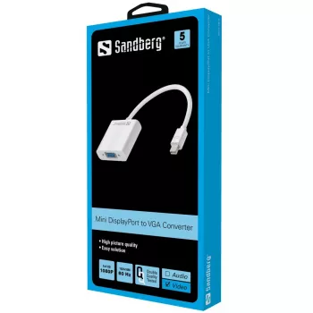 Sandberg Adapter Mini DisplayPort>VGA, Mini DisplayPort, VGA (D-Sub), Męski, Żeński, 1920 x 1080 pikseli, 1920 x 1080 (HD 1080)