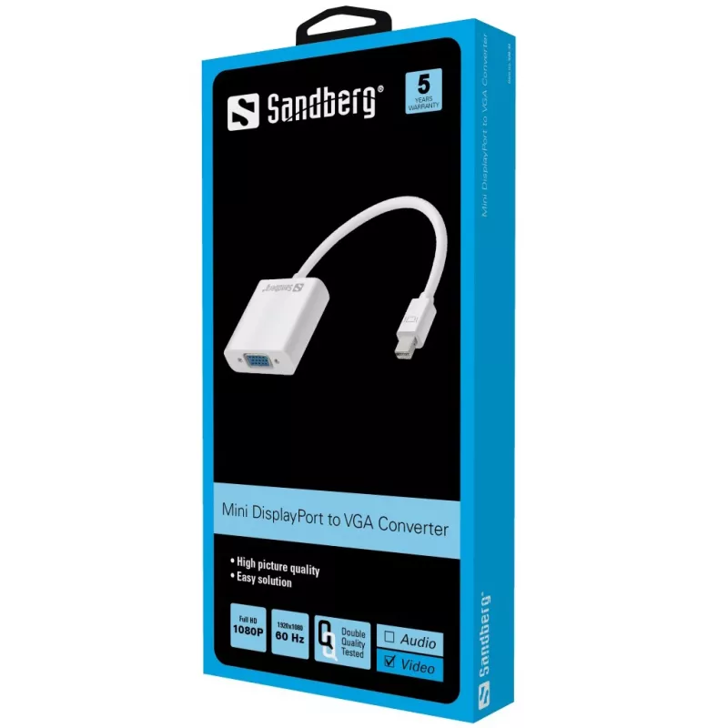 Sandberg Adapter Mini DisplayPort>VGA, Mini DisplayPort, VGA (D-Sub), Męski, Żeński, 1920 x 1080 pikseli, 1920 x 1080 (HD 1080)
