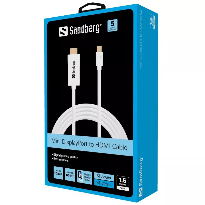Kabel Sandberg MiniDP>HDMI 1,5 m, 1,5 m, mini DisplayPort, HDMI, wtyk męski, wtyk męski, biały