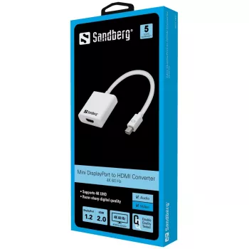 Sandberg Adapter MiniDP1.2>HDMI2.0 4K60, Mini DisplayPort, HDMI, Męski, Żeński, 3840 x 2160 pikseli, 6 Gbit/s
