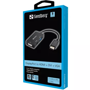 Sandberg Adapter DP>HDMI+DVI+VGA, 0.19 m, DisplayPort, VGA (D-Sub)+ HDMI + DVI, Męski, Żeński, 3840 x 2160 pikseli