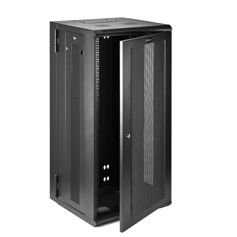 StarTech.com 4-słupkowa 26U wisząca szafa sieciowa z półką 1U, 19-calowa uchylna szafa serwerowa do montażu na ścianie dla sprzętu danych / AV / elektronicznego / komputerowego, elastyczna wentylowana obudowa rack