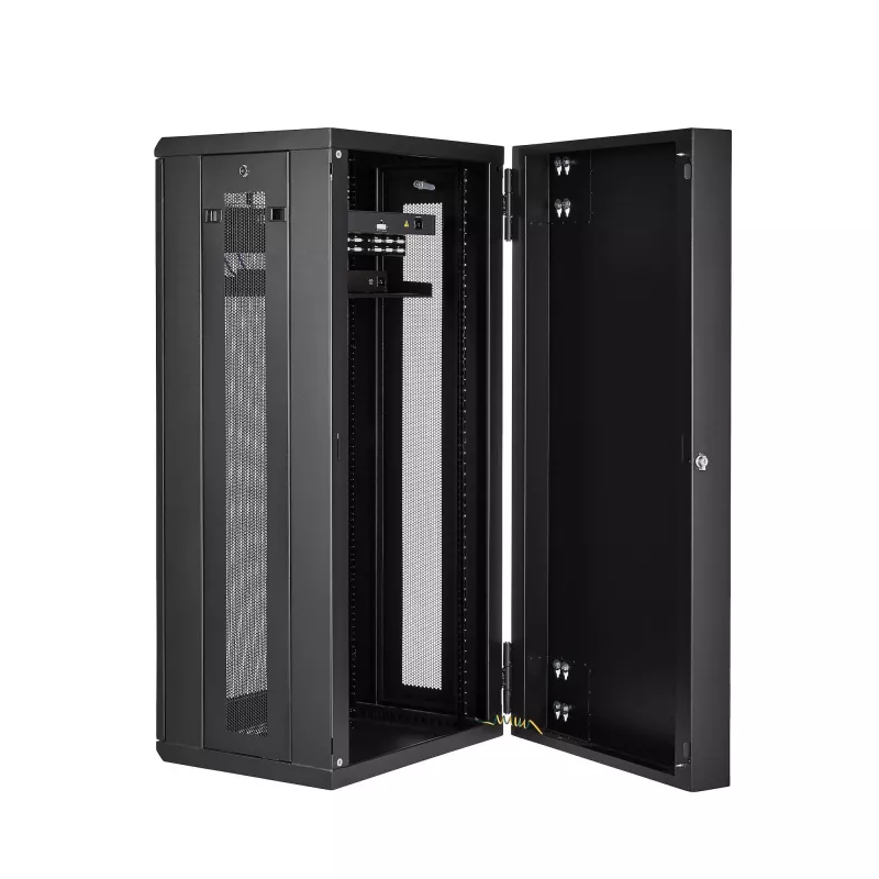 StarTech.com 4-słupkowa 26U wisząca szafa sieciowa z półką 1U, 19-calowa uchylna szafa serwerowa do montażu na ścianie dla sprzętu danych / AV / elektronicznego / komputerowego, elastyczna wentylowana obudowa rack