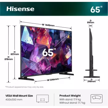 Hisense 65E7S PRO TV 165.1 cm (65 cali) UHD+ Smart TV Wi-Fi Czarny 350 cd/m²