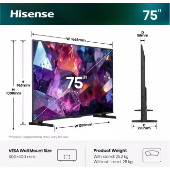 Hisense 75E7S PRO TV 190,5 cm (75 cali) UHD+ Smart TV Wi-Fi Czarny 350 cd/m²