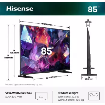 Telewizor Hisense 85E7S PRO 2,16 m (85 cali) UHD+ Smart TV Wi-Fi Czarny 400 cd/m²