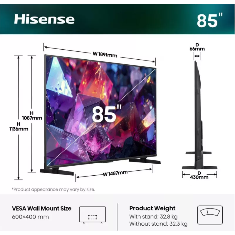 Telewizor Hisense 85E7S PRO 2,16 m (85 cali) UHD+ Smart TV Wi-Fi Czarny 400 cd/m²