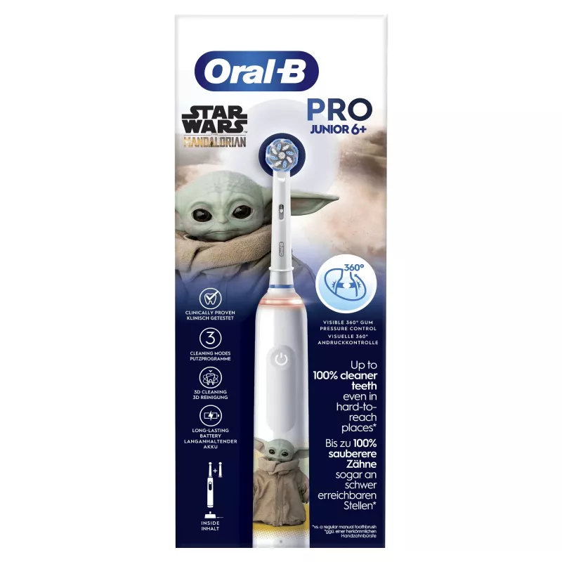 Oral-B PRO Junior Star Wars, Dziecięca, Szczoteczka rotacyjna, Codzienna pielęgnacja, Polerowanie, Wrażliwe, Wielokolorowy, Biały, 4 x 30 s, Miękkie