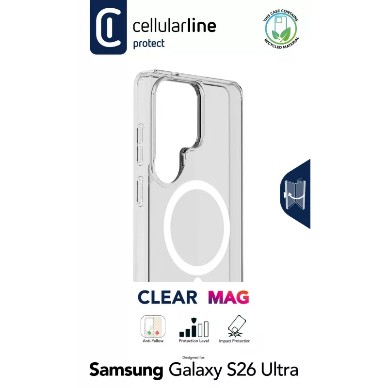 Cellularline Clear Mag - Galaxy S26 Ultra Ultra-wytrzymałe przezroczyste etui z gumową krawędzią, kompatybilne z ekosystemem Qi2 i akcesoriami magnetycznymi, zabezpieczone przed żółknięciem.