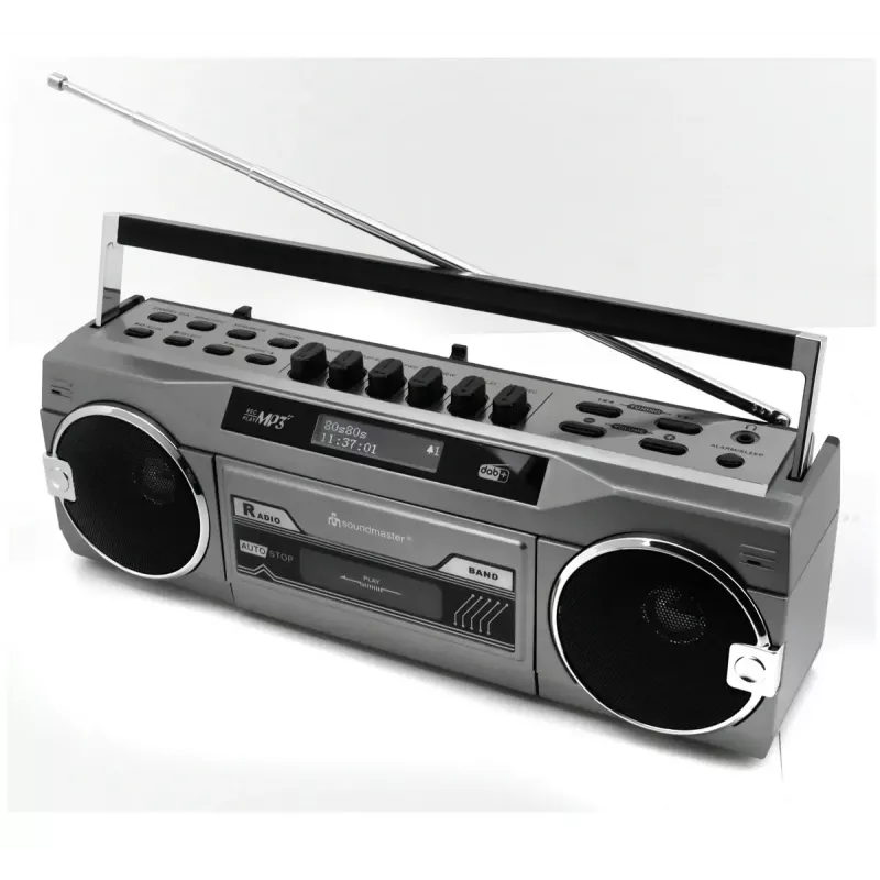 Przenośny odtwarzacz kasetowy Soundmaster SRR80TI z DAB+ i FM, wyświetlacz LCD, 3 W RMS, słuchawki 3,5 mm, bateria/230V